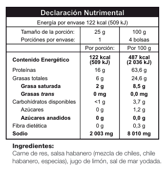 Tabla nutricional carne seca habanero orgánica Sin Culpa