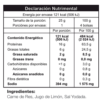 *Tabla nutricional carne seca limón orgánica Sin Culpa*